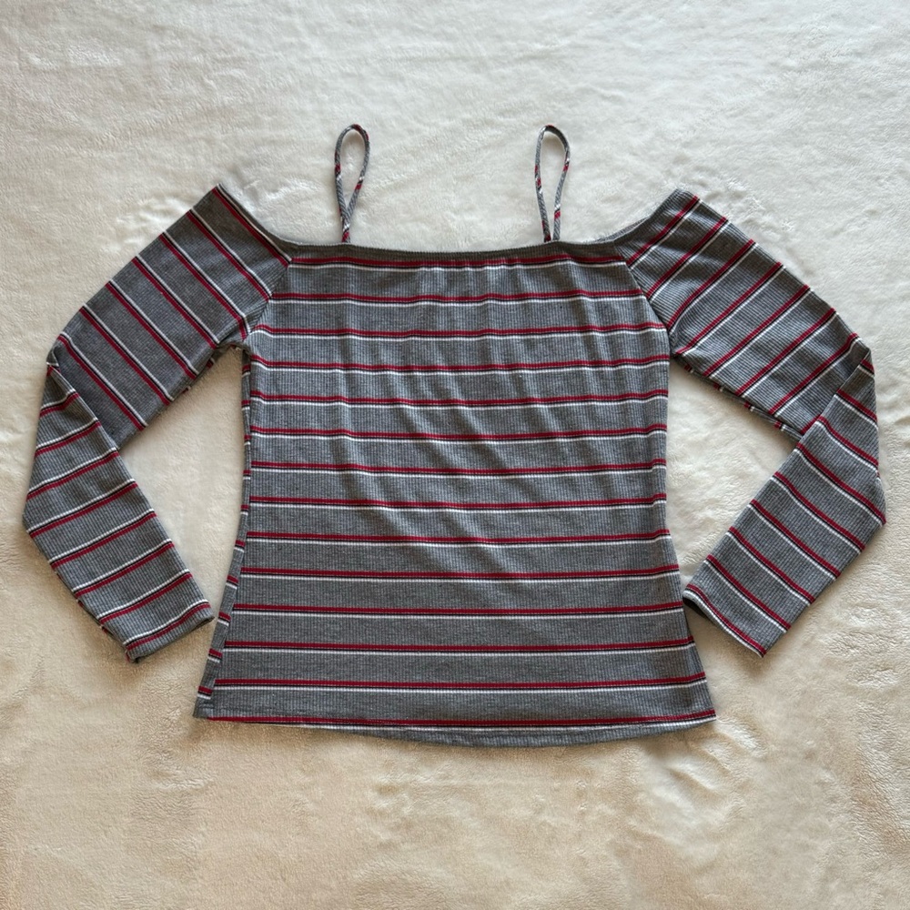 Charlotte Russe - Gray & Red Striped Off-Shoulder Top